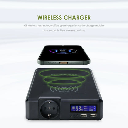 A 200W portable power station featuring USB-C PD, Qi wireless charging, a digital display, and multiple ports.