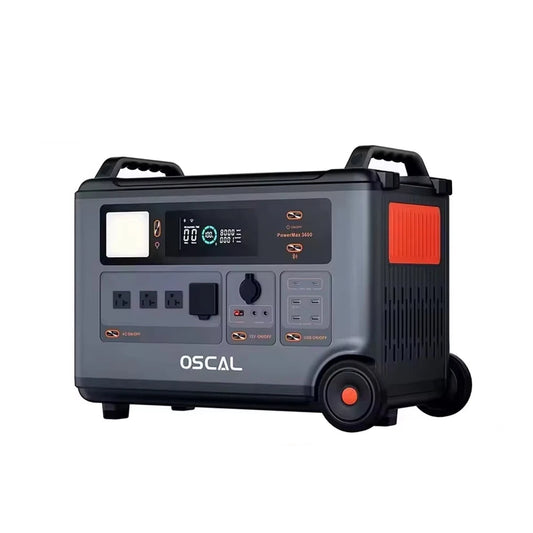 OSCAL PowerMax 3600: 3600Wh LiFePO4 battery, 6000W output, 4 AC outlets, USB ports, app control, and 5–8ms UPS support.