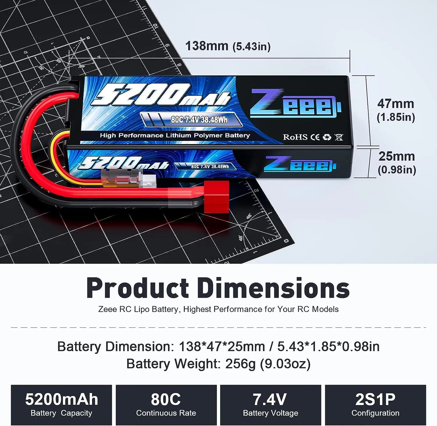 Zeee 2S RC LiPo Battery, Zeee 5200mAh 80C 7.4V LiPo battery, Deans plug, 138×47×25mm, 256g, high-performance hardcase battery for RC cars, trucks, buggies, truggies, and airplanes.