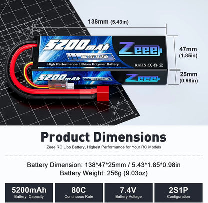 Zeee 2S RC LiPo Battery, Zeee 5200mAh 80C 7.4V LiPo battery, Deans plug, 138×47×25mm, 256g, high-performance hardcase battery for RC cars, trucks, buggies, truggies, and airplanes.