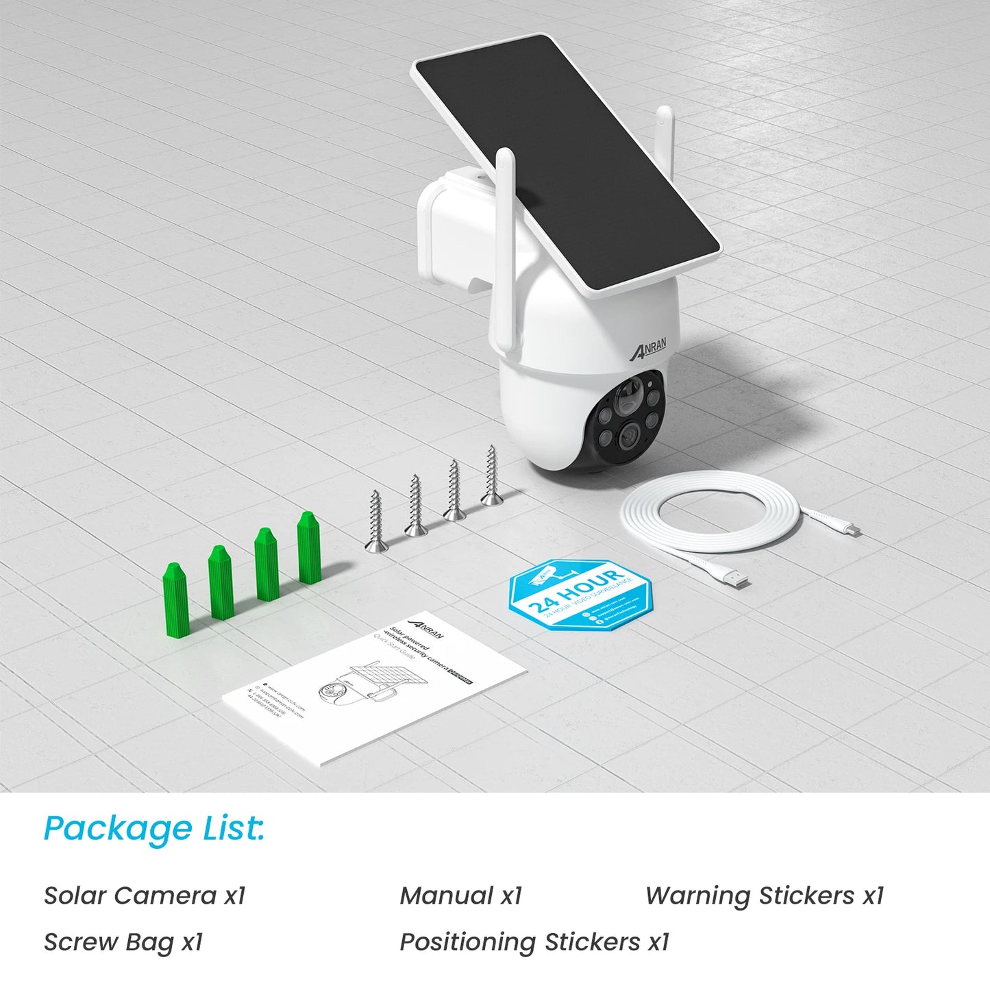 ANRAN Q4 2K 4MP Solar Battery Camera, a5 36 Package List: Solar Camera xl Manual xL Warning Stickers