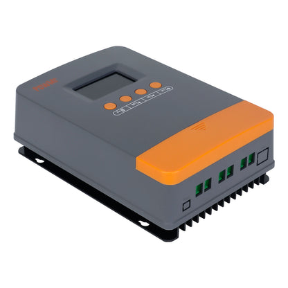 PowMr POW-M25/M35/M45-PRO MPPT solar charge controller with LCD display and orange top cover, angled view