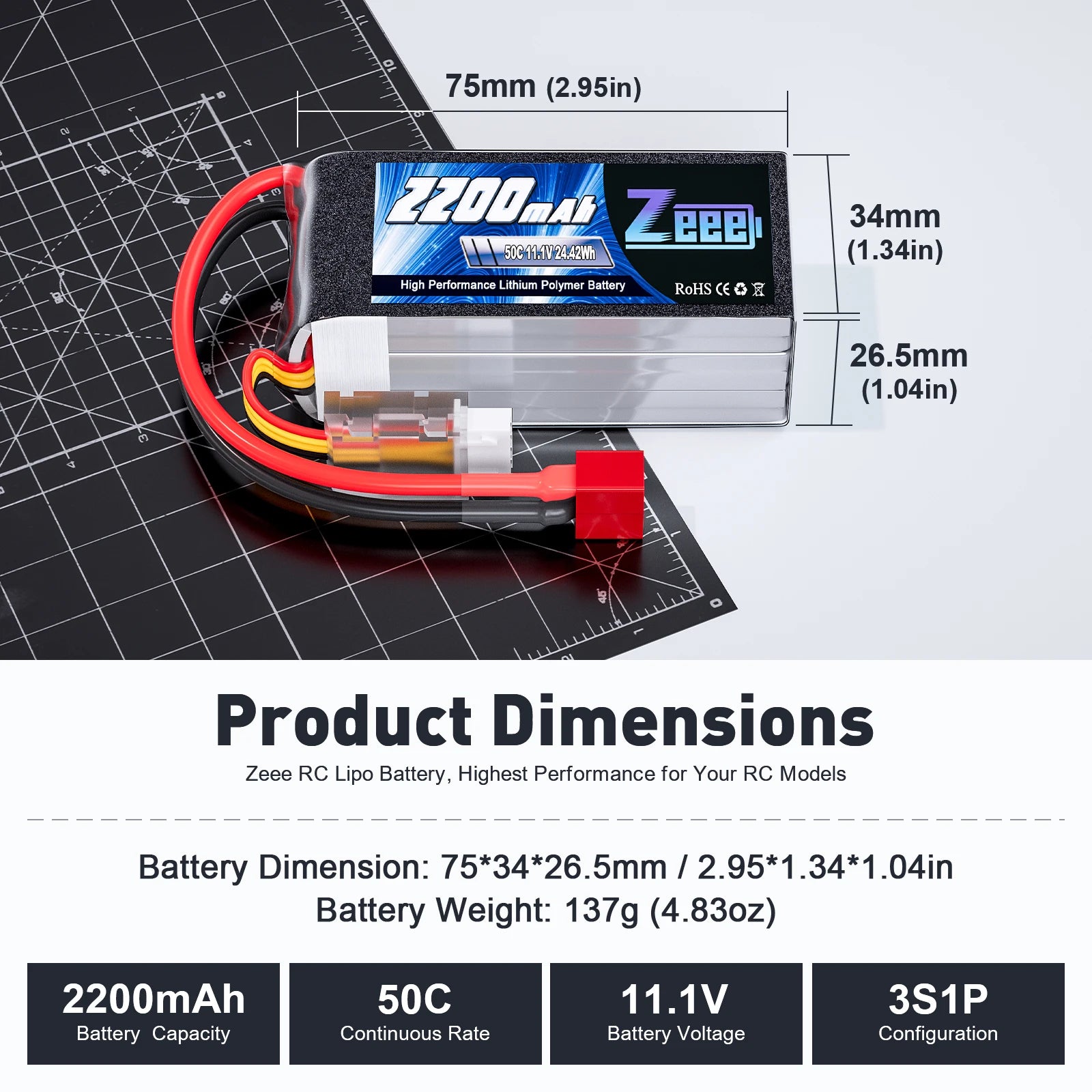 2pcs Zeee 3S 2200mAh 11.1V 50C Shorty LiPo Battery, High-performance lithium polymer battery designed for RC cars, drones, and airplanes with a compact size and reliable power.