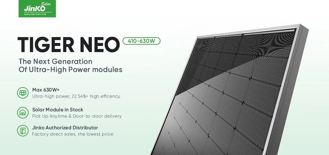 Jinko Tiger Neo solar modules: high power, efficient, and available now for purchase or delivery.