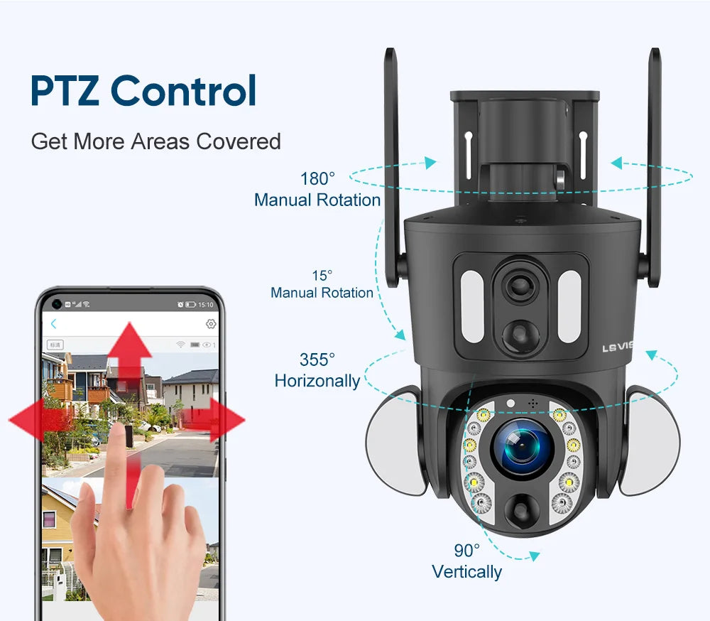 LS VISION 4K Solar Camera, Pan-Tilt-Zoom (PTZ) control provides flexible coverage with adjustable views.