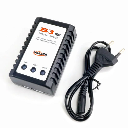 Imax B3 Pro 2S–3S LiPo Battery, IMAX B3 Pro charger for 2S-3S LiPo batteries, 100-240V AC input, 850mA max current, dual LED indicators, includes power cord.