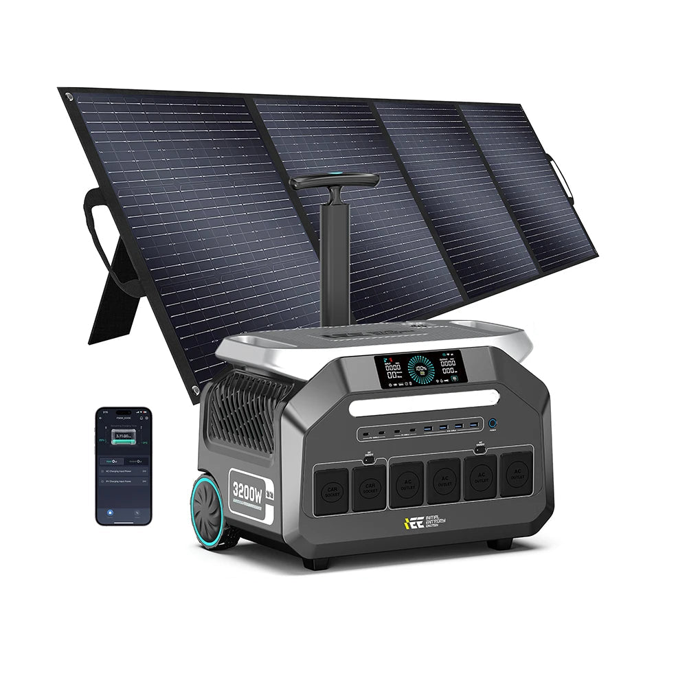 IEETek P3200 3200W 2048Wh Portable Power Station + 400W Solar Panel, 110V AC Outlets, LiFePO4, 6400W Surge UPS