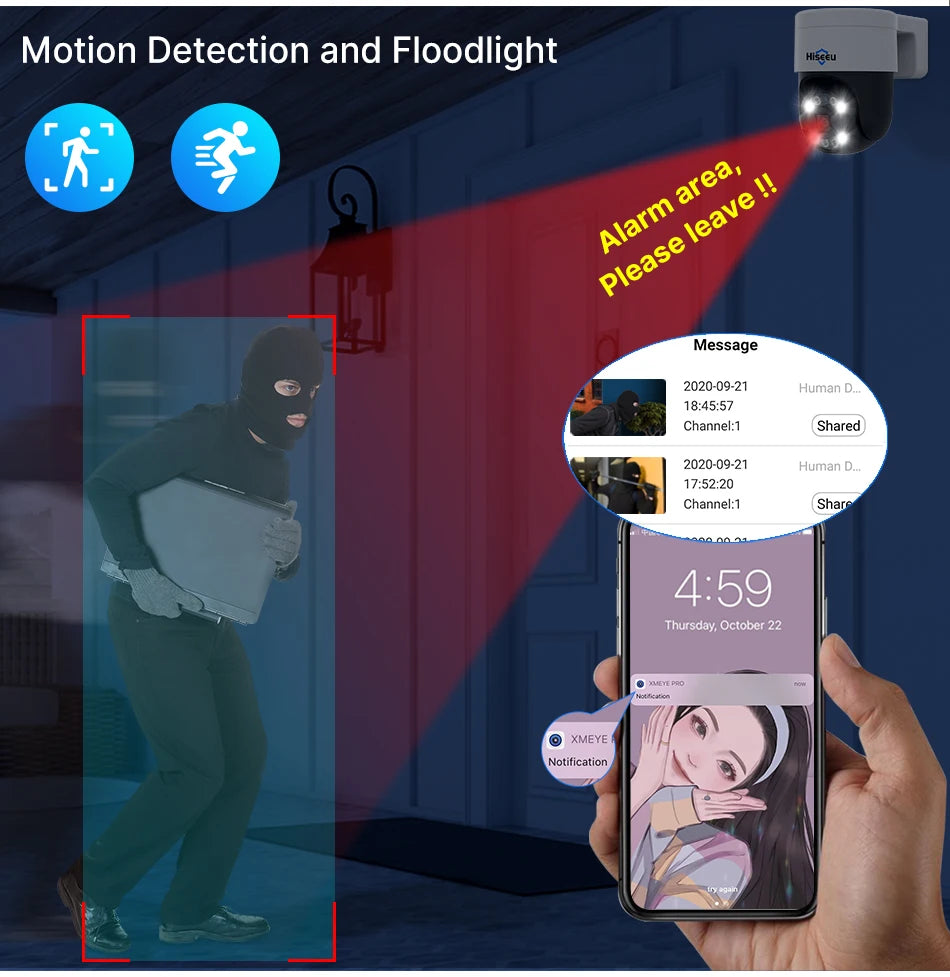 Hiseeu 2K 4MP Camera, Motion detection and floodlight alerts with human verification.