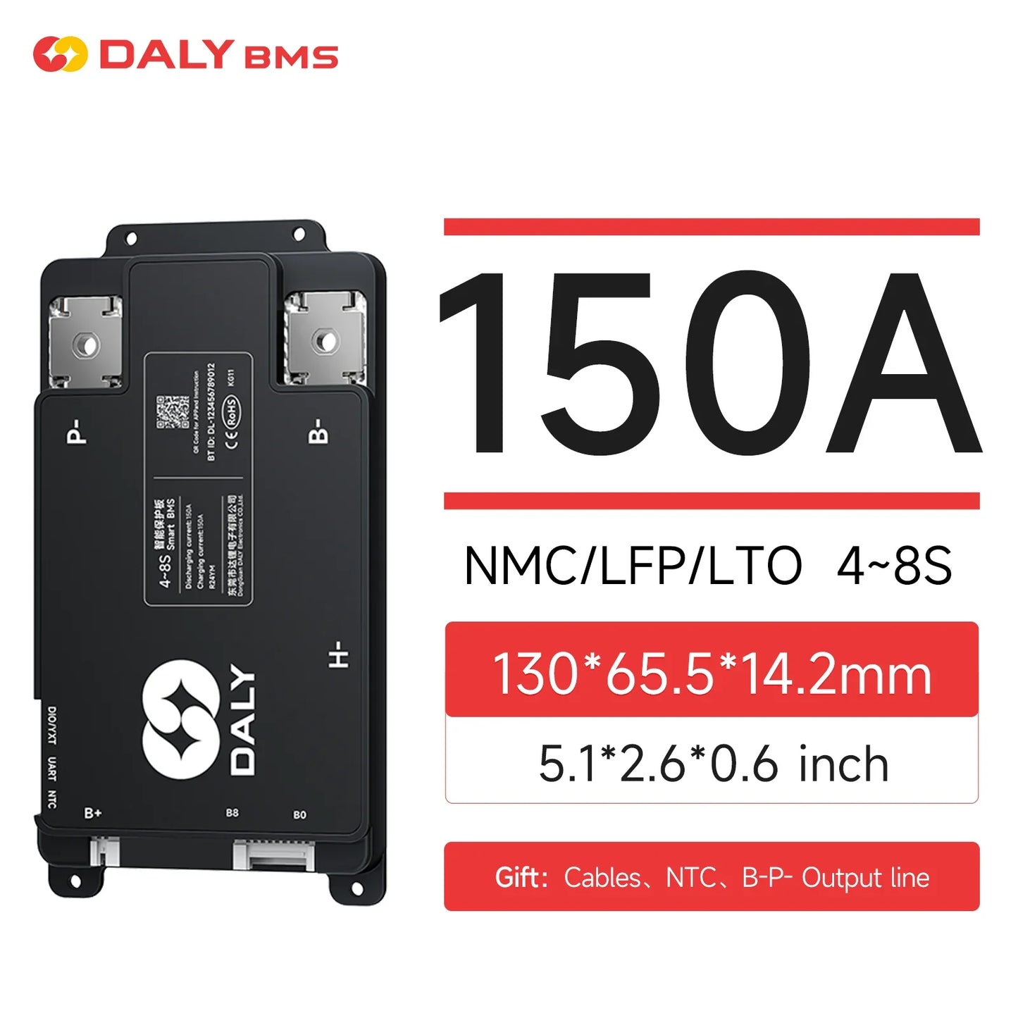 DALY BMS graphic for 150A version, 4-8S range, with size 130×65.5×14.2 mm shown on banner