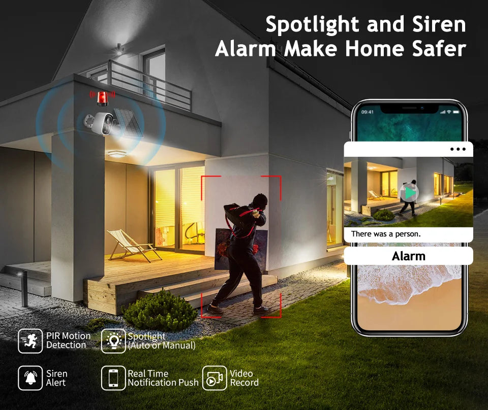 Techage 2MP Solar Camera, Spotlight and Siren Alarm Make Home Safer 09r41 There was person_ Alarm