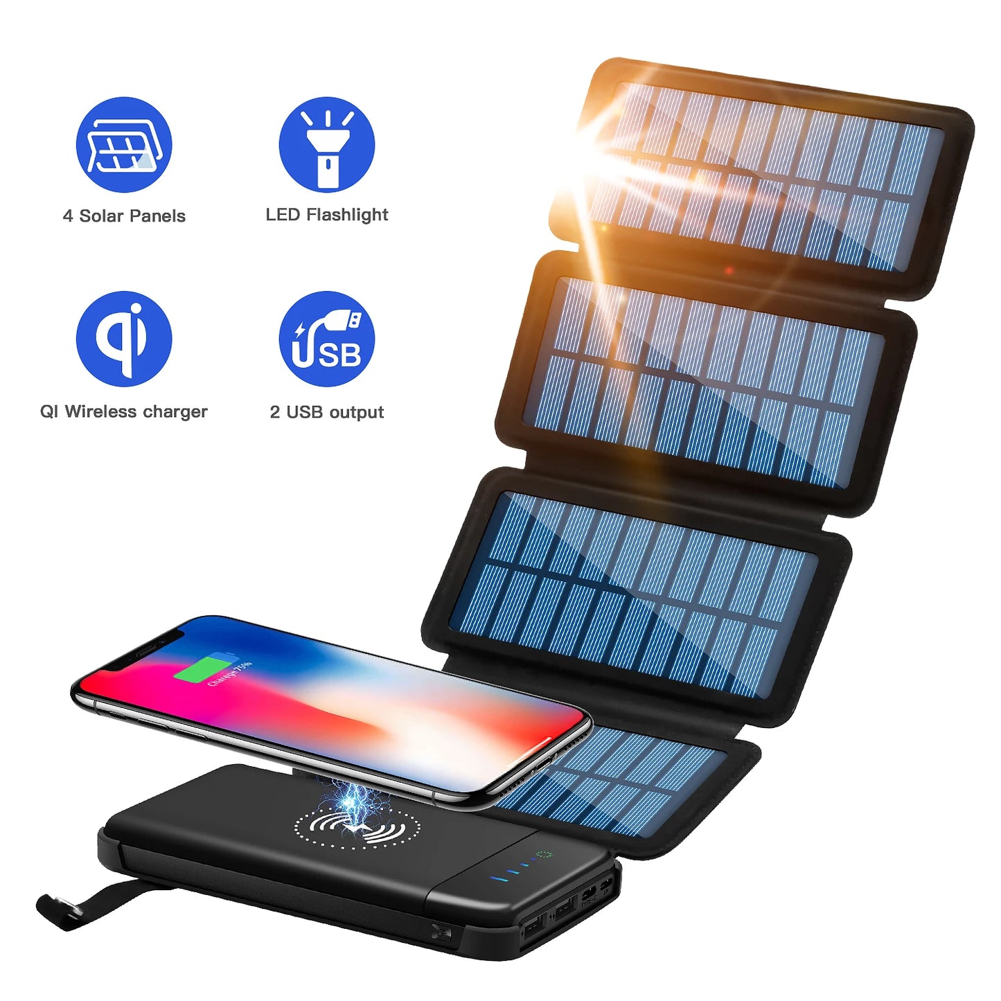 10000mAh Solar Power Bank, 10000mAh solar power bank with 4 panels, Qi wireless, dual USB, flashlight