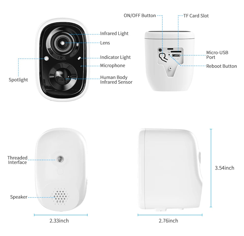 Techage 2MP Solar Camera, ONJOFF Button TF Card Slot Infrared Light Lens Micro-USB