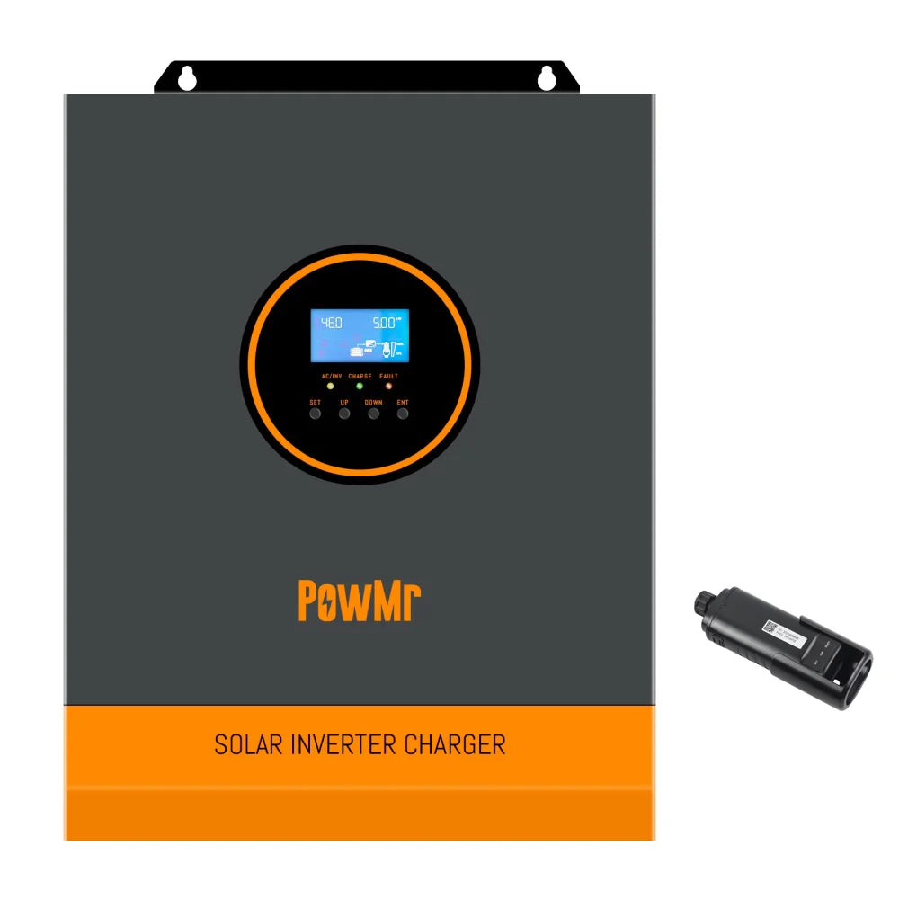 PowMr solar inverter charger front view shown with optional WiFi monitoring module accessory