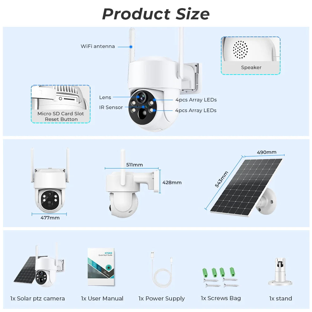 BESDER TQ6 4MP 2560 x 1440 Solar Camera, Compact solar-powered PTZ camera with WiFi, speaker, and LED lights for outdoor use.