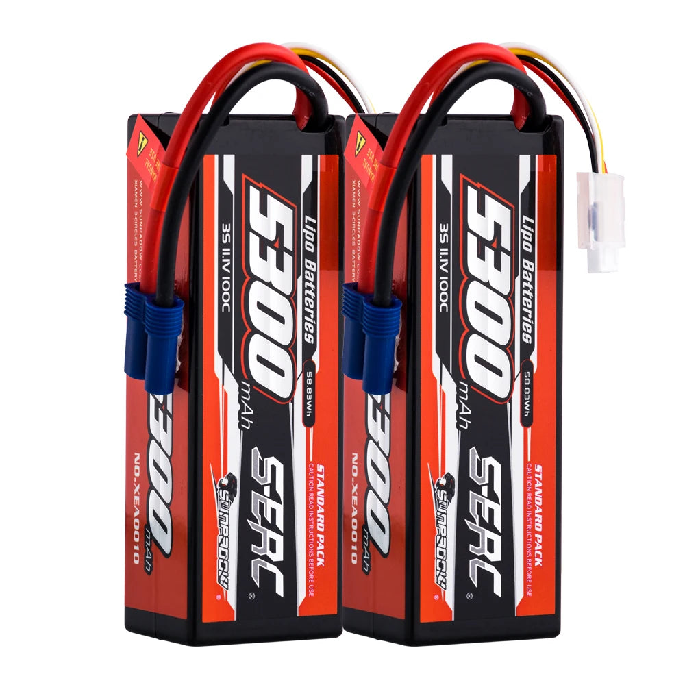 SUNPADOW Lipo Battery 5300mAh 2S/3S/4S 7.4V/11.1V/14.8V 100C, EC5/T Plug, 2 Packs for RC Car Plane Truck Boat