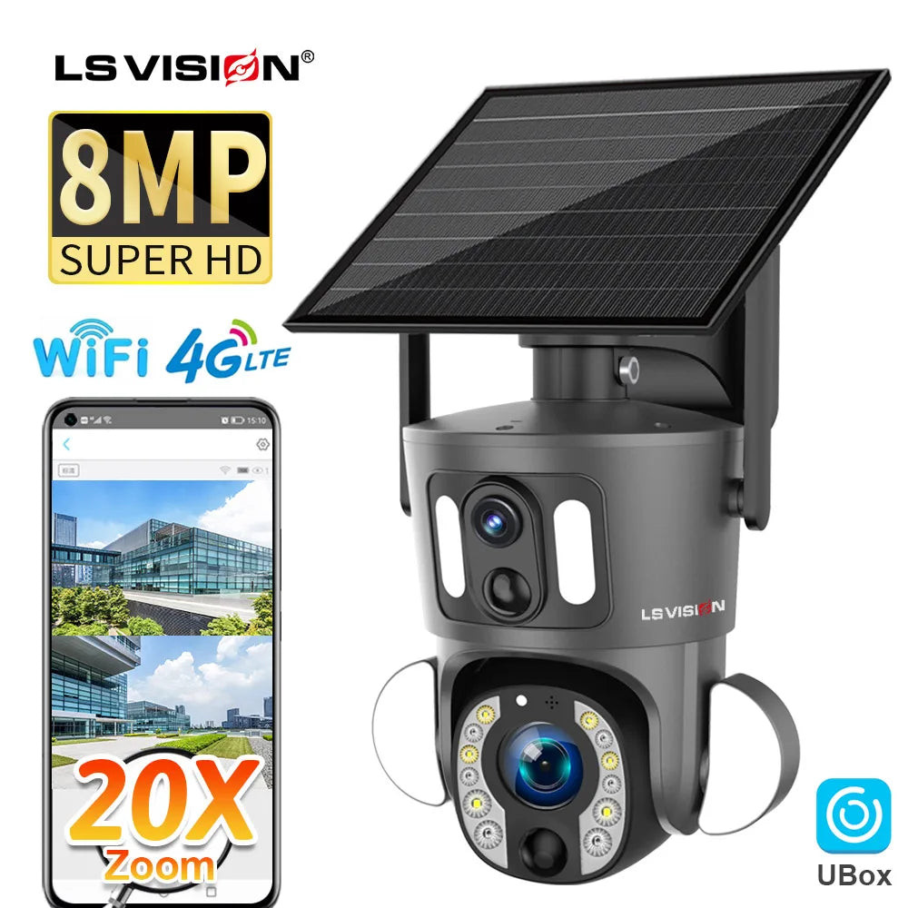 LS VISION 4K 8MP Solar Camera - 20X Optical Zoom Dual Screen WiFi 4G Sim PTZ Dual PIR Detection Humanoid Auto Tracking CCTV Camera