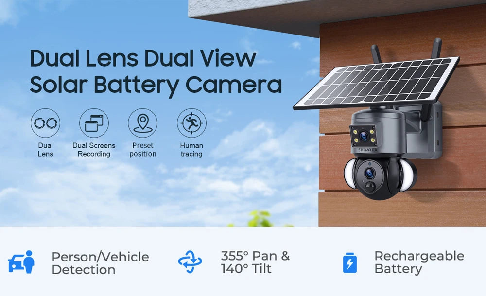 SHIWOJIA 4K 8MP Solar Camera, Solar-powered camera with dual lenses, screens, and presets for tracking humans/vehicles with panoramic view.