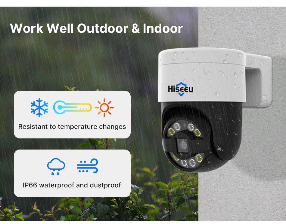 Hiseeu 2K 4MP Camera, Outdoor & indoor use; resistant to temperature changes, waterproof (IP66) and dustproof.