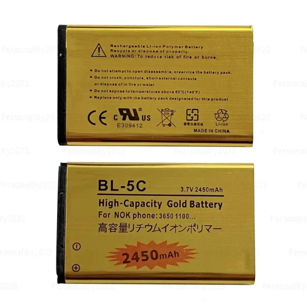BL-5C Mobile Phone Battery, High-capacity 3.7V 2450mAh Li-ion battery for Nokia phones, compatible with models 1100, 1110, 6230, N70, N71, N72. Rechargeable, made in China, includes safety and recycling info.
