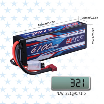 SIGP 2S 7.4V/7.6V LiPo Battery, SIGP 6100mAh 7.4V 70C LiPo battery, 139x47x26mm, 321g, Deans T plug, designed for RC car, truck, and buggy racing.