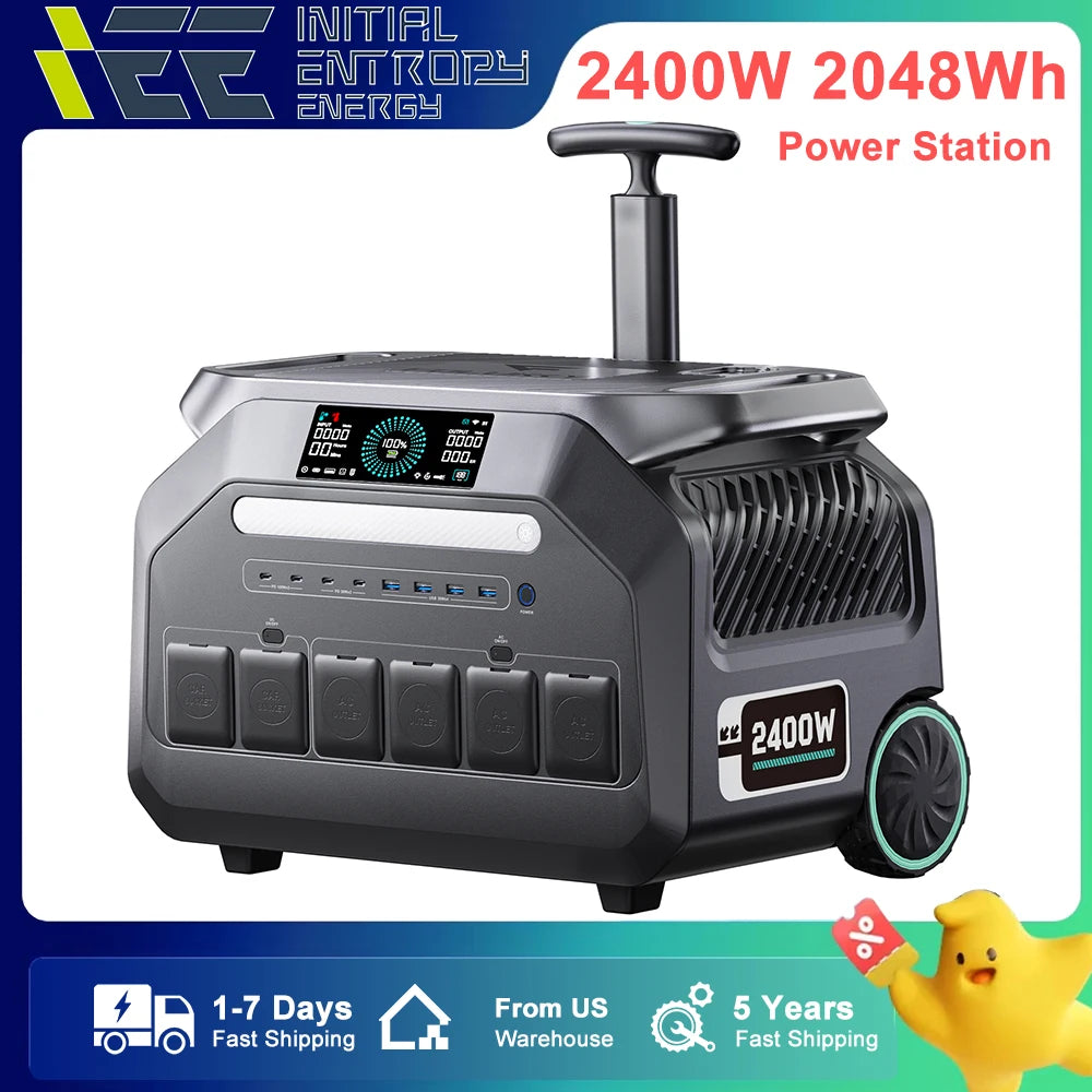 IEETEK P2400 Portable Power Station, IEETEK P2400 2400W portable power station with 2048Wh LiFePO4 battery, 110V AC, Wi-Fi app control, ideal for home, RV, camping; includes 5-year warranty and fast US shipping.