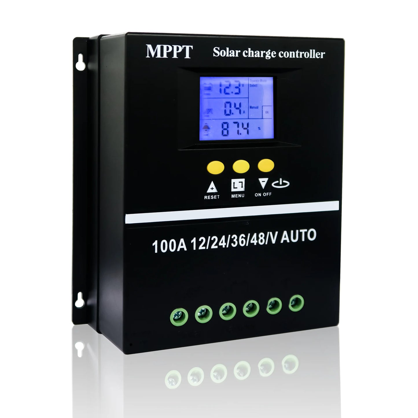 POWLSOJX SY series MPPT solar charge controller front view with LCD and buttons, 100A 12/24/36/48V auto