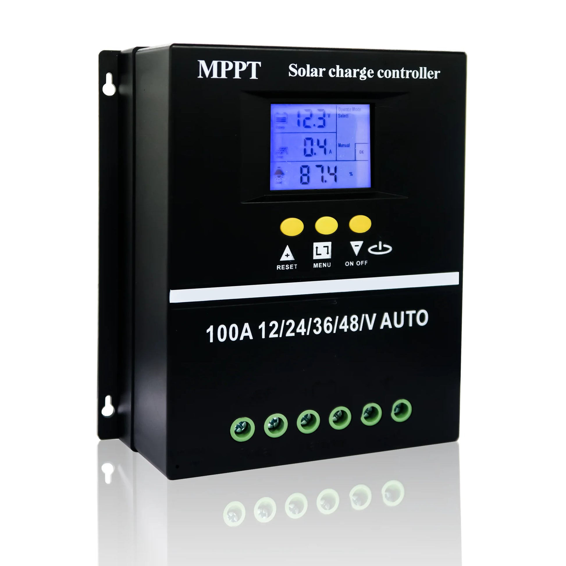 POWLSOJX SY series MPPT solar charge controller front view with LCD and buttons, 100A 12/24/36/48V auto