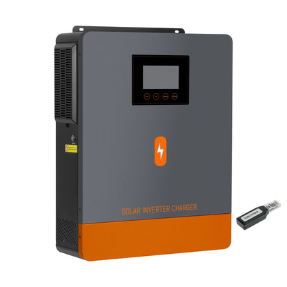 PowMr POW-HVM10.2M hybrid inverter angled view showing side ventilation grille and plug-in dongle