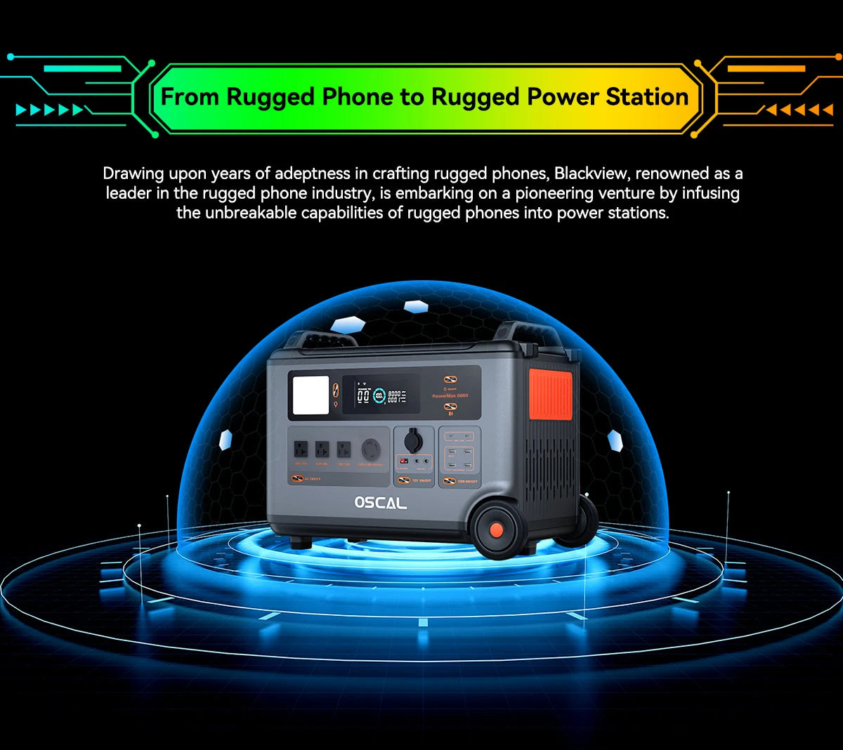 Oscal Blackview 6000W Power Station, The Oscal Blackview PowerMax 6000 is a portable power station with 3600Wh capacity, featuring pure sine wave and 14 ports for versatile charging.