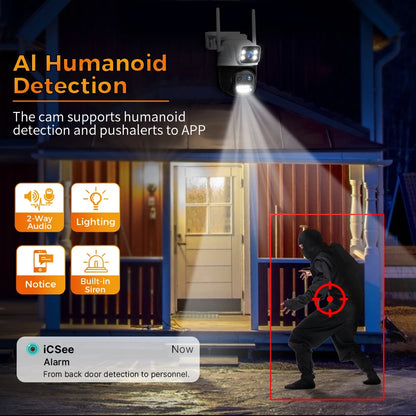 Hiseeu 9MP Camera, Wireless security system detects humans, sends alerts to app with features like two-way audio and alarm.