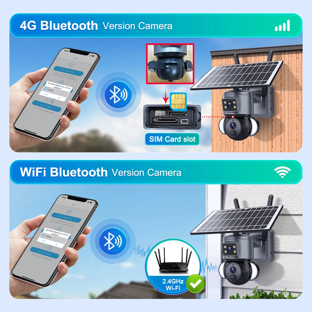 SHIWOJIA 4K 8MP Solar Camera, Wireless camera with 4G/Bluetooth/SIM, Wi-Fi for remote monitoring.