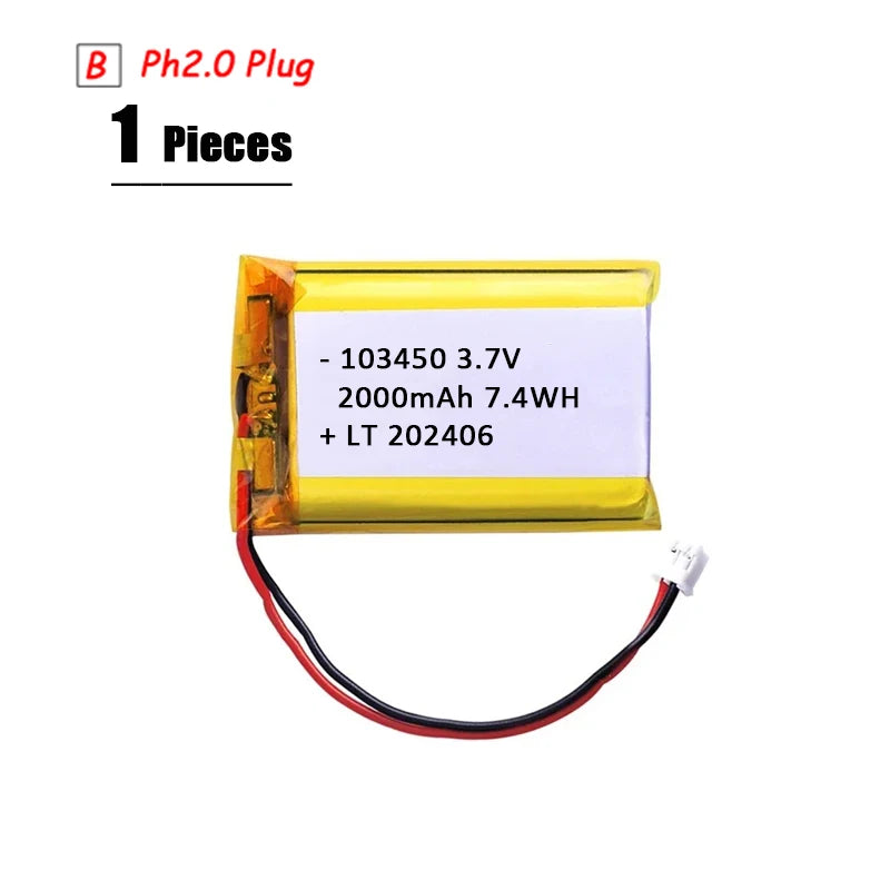 L7ADFJ 3.7V Lipo Battery, 3.7V 2000mAh Li-Polymer battery with PH2.0 plug, 1S1P configuration, protective board, and CE, RoHS, KC certifications.