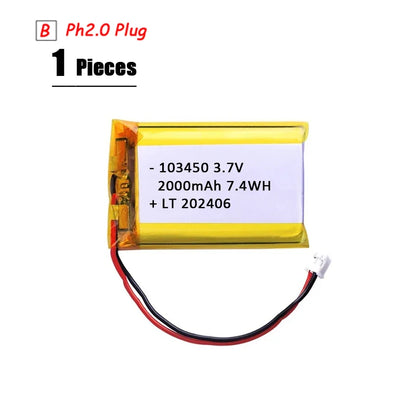 L7ADFJ 3.7V Lipo Battery, 3.7V 2000mAh Li-Polymer battery with PH2.0 plug, 1S1P configuration, protective board, and CE, RoHS, KC certifications.