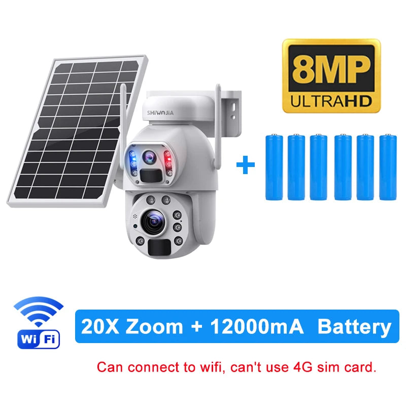 SHIWOJIA 4K 8MP 4G Solar Camera, 8MP ULTRAHD Shikolia 20X Zoom 12000mA Battery Wi