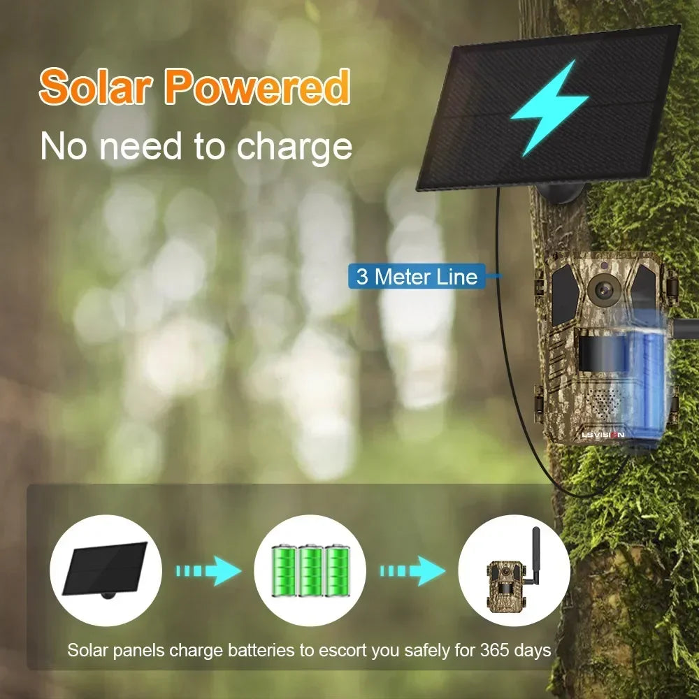 LS VISION 4G Solar Hunting Trail Camera, Solar Powered No need to charge 3 Meter Line Solar panels charge batteries to escort