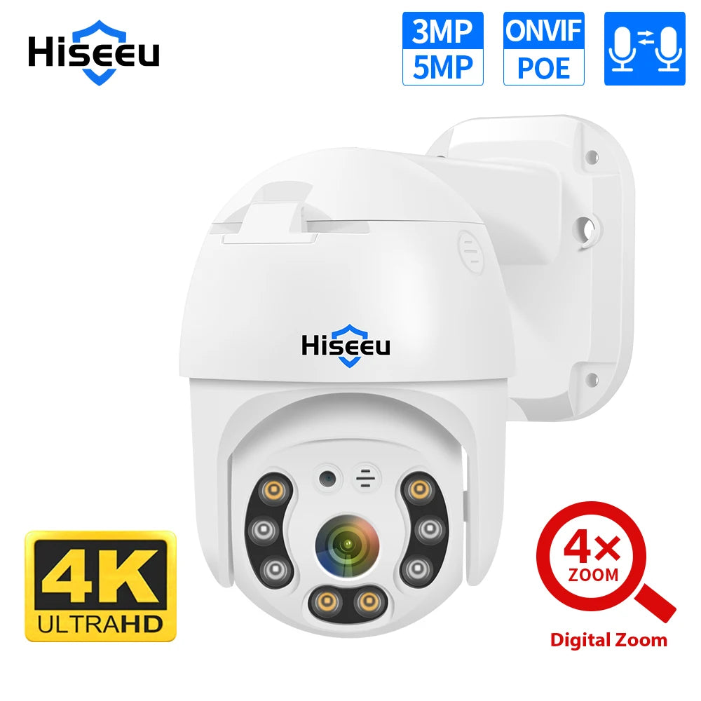 Hiseeu 3MP Camera, Advanced camera with high-definition, 3MP resolution, ONVIF, PoE, and 4x digital zoom for clear 4K video.