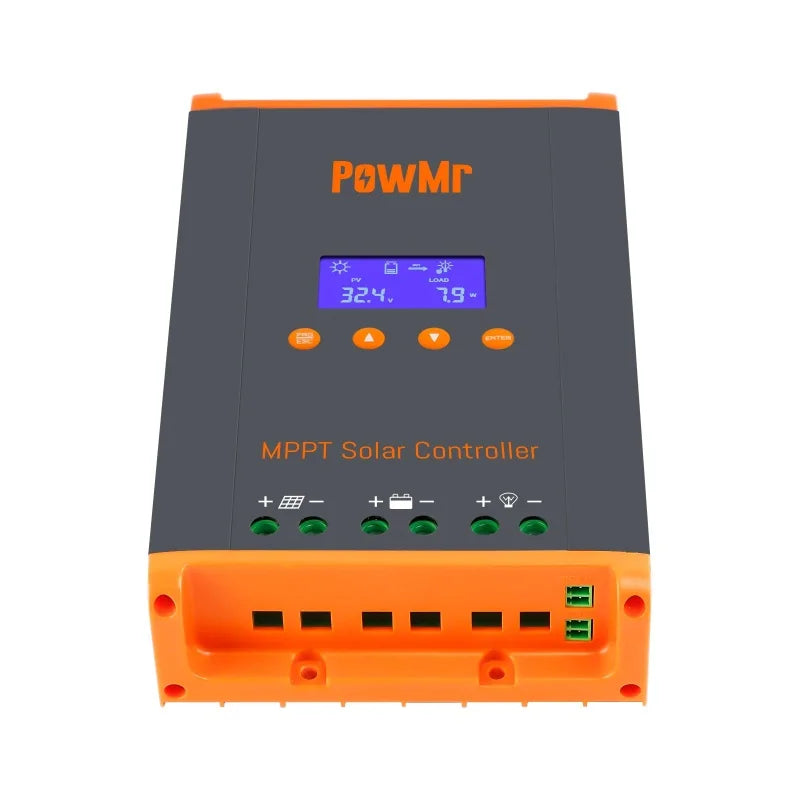 PowMr MPPT solar controller front with bottom terminal bay and two green communication ports