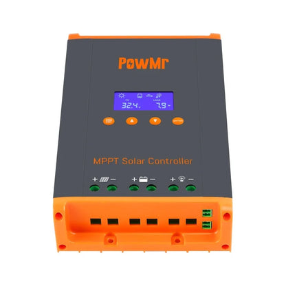 PowMr MPPT solar controller front with bottom terminal bay and two green communication ports