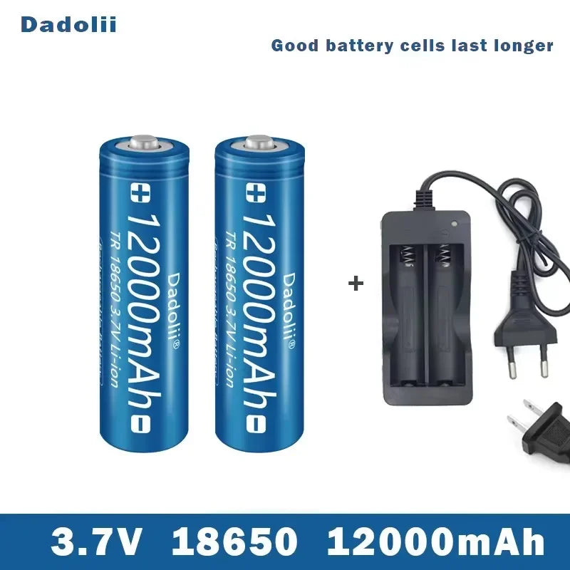 18650 Li-ion Rechargeable Battery 3.7V with Charger Set, Claimed 12000mAh, For Flashlight Torch (Dadolii)