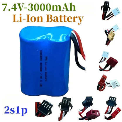 7.4V 3000mAh 2S1P 18500 Lipo Battery, 7.4V 3000mAh Li-Ion battery (2s1p) with multiple connectors, ideal for RC devices.