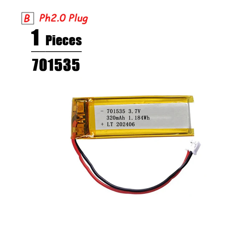 L7ADFJ 3.7V Lipo Battery, 3.7V 320mAh Li-Polymer Battery with PH2.0 Plug