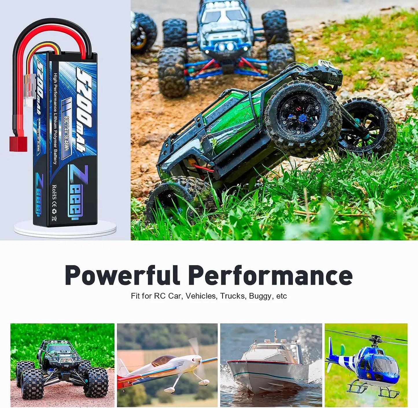 Zeee 2S RC LiPo Battery 7.4V 80C 5200mAh Hardcase, Deans/T Plug, for 1/10 1/8 RC Car Truck Buggy Truggy Airplane