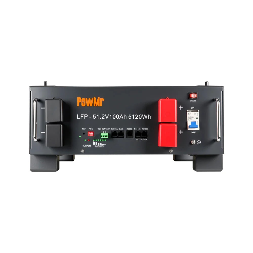 PowMr POW-LIO48100-3.5U LiFePO4 Battery front panel with power switch, breaker, terminals and comm ports