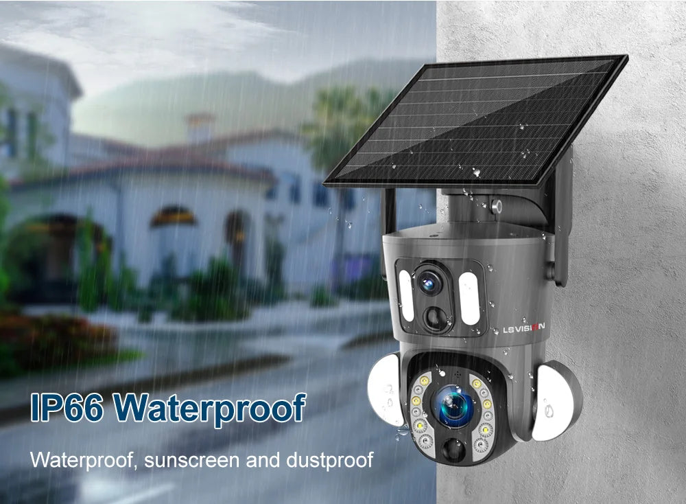 LS VISION 4K 8MP Solar Camera, IP66 rated for water and dust resistance, with sunshade protection.