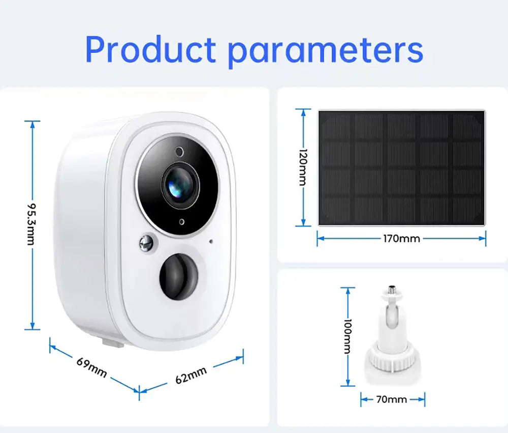 Devoccvo 5MP Tuya Solar Wifi Camera, Product parameters 1 7 17Omm 1 L7omm- 69mm 62