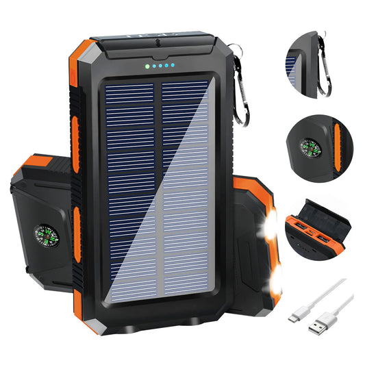 20000mAh Solar Power Bank – Waterproof Outdoor Portable Charger with Dual 5V USB, 3-Mode LED Flashlight & Compass