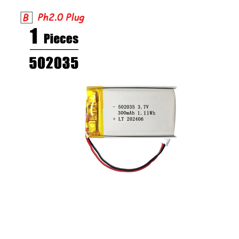 L7ADFJ 3.7V Lipo Battery, 3.7V 300mAh Li-Polymer battery with PH2.0 plug, protective board, 1S1P configuration, CE, RoHS, KC certified.
