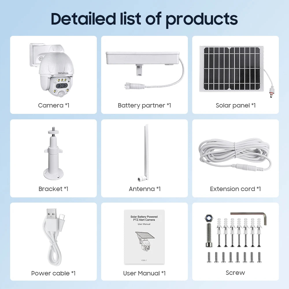 Shiwojia S379 solar camera kit with camera, solar panel, and accessories.