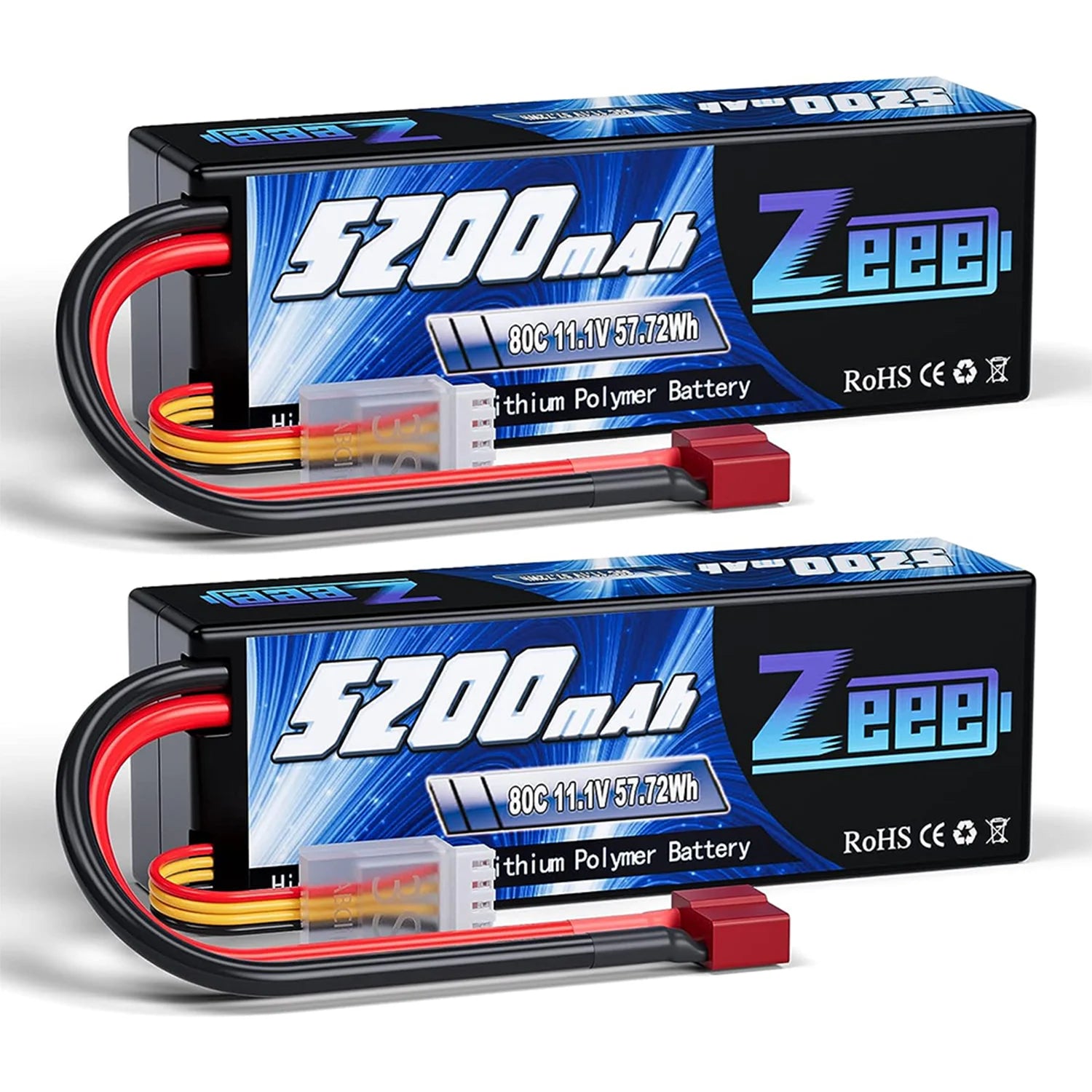 1/2pcs Zeee 3S 5200mAh LiPo Battery, 5200mAh 11.1V 80C LiPo battery with 57.72Wh capacity, hard case, multiple plug options, RoHS and CE certified, ideal for RC cars, trucks, buggies, and FPV drones.