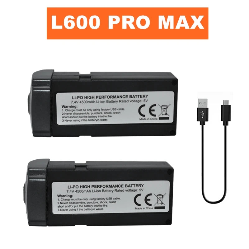 L600 PRO MAX 7.4V 4500mAh Li-Po battery, high performance, USB charging, CE certified, made in China, with safety and charging instructions.